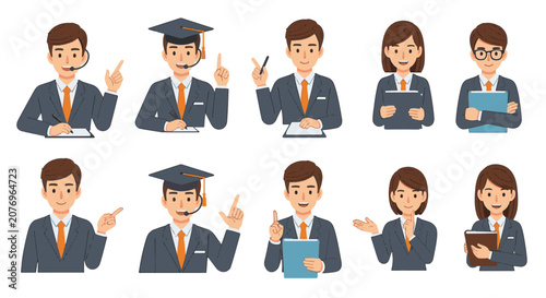Flat vector set of professional male and female characters in suits; includes training managers with headsets, graduates in mortarboards, and staff holding folders or pointing.