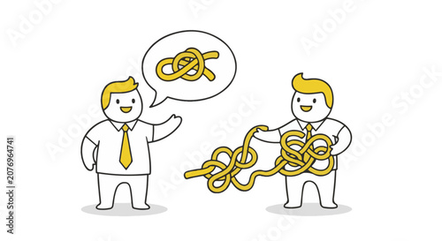 Doodle of two businessmen in white shirts and ties discussing a tangled yellow rope; one points to a knot in a speech bubble while the other holds a messy physical line on white.