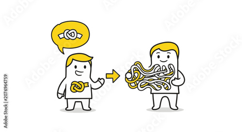 Doodle style illustration of two cartoon characters representing communication issues, featuring a small knot on one chest and a large tangled mess held by the other on white.