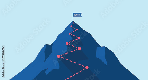 Flat vector illustration of a dark blue mountain peak with a winding red dashed path and circular milestone markers leading to a blue summit flag on a light blue background.