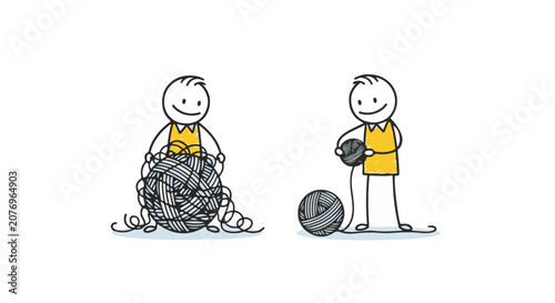 Stick figure illustration showing two stages of organization: one character with a messy, tangled ball of yarn and another with neatly wound yarn balls, symbolizing problem solving.