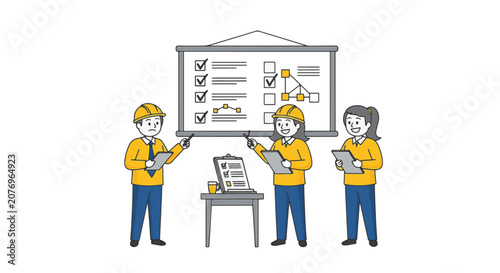 Vector illustration of an industrial team in hard hats and yellow uniforms reviewing a quality control checklist on a whiteboard for process improvement and safety audit.