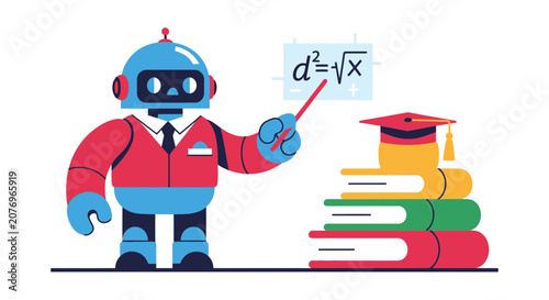 Robot Teacher Explaining Math Formula with Books and Graduation Cap