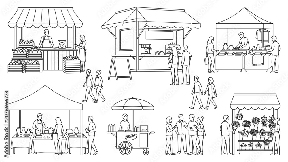 Obraz premium A collection of hand-drawn sketches depicting various market stalls and people browsing, creating a lively street fair atmosphere