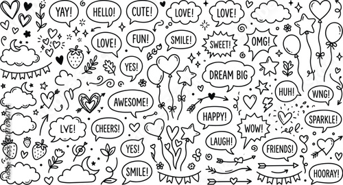 Big set of hand drawn cute comic speech bubble doodles