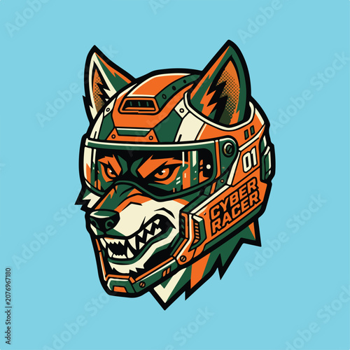 Wolf wearing racing helmet.