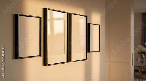 Four empty picture frames on a sunlit wall, ready for personalized art or photos.