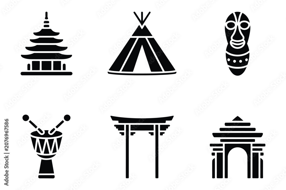 Obraz premium Cultural and religious landmark icons including temples and tribal mask with religion