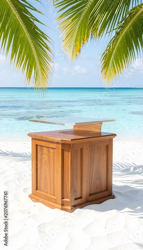 Premium vertical tropical beach product display with an empty wooden podium, turquoise ocean, palm leaves, and bright summer sky