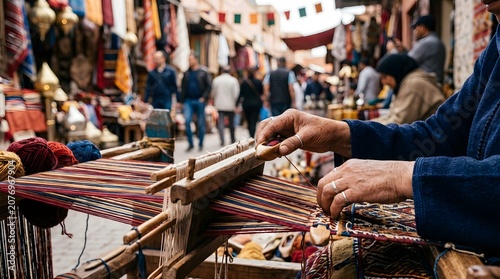 Artisan weaving colorful textile on traditional loom outdoor market scene