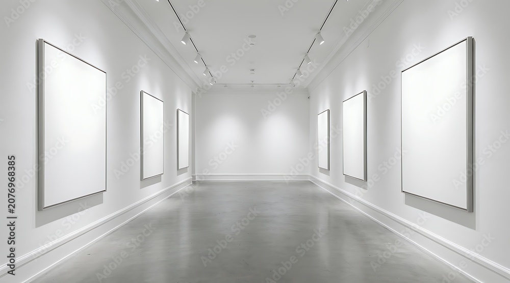 Fototapeta premium Modern Art Gallery Hallway with Blank White Canvases on Walls.