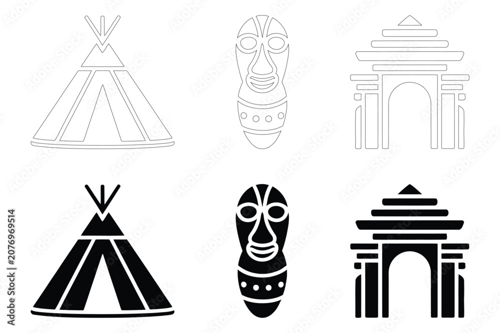 Naklejka premium Tribal heritage mask and ancient historic architecture icon set for cultural design