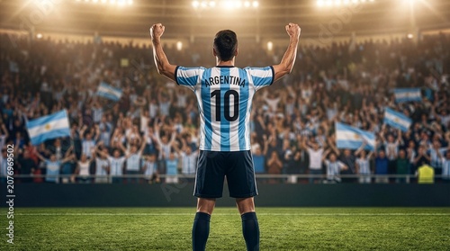 Argentina Football Player Celebrating on Stadium Field with Number 10 Jersey