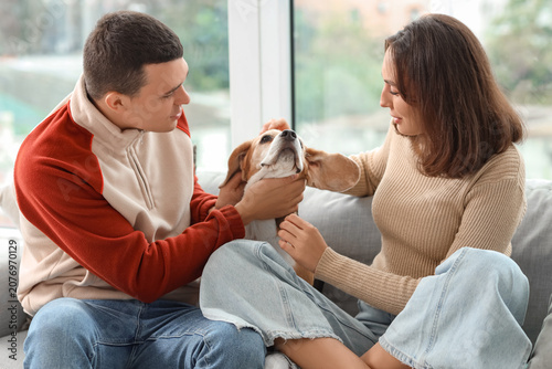 Young couple with cute Beagle dog sitting on sofa at home