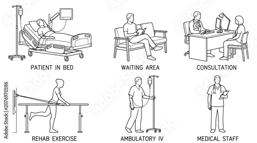 Medical hospital activities and healthcare staff line art icon set.
