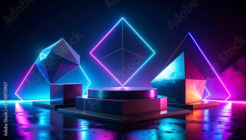 Neon-lit geometric shapes on a podium in a dark room
