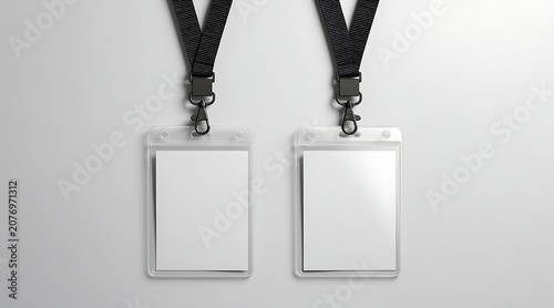 Two Blank ID Badges with Lanyards on a White Background.