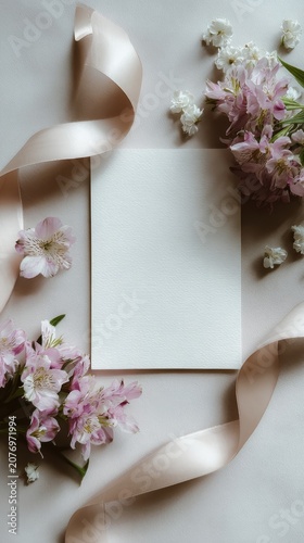 Classy flatlay of graduation invitation, silk ribbon and flowers with spacious blank background for text design