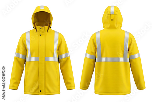 3D Raincoat Mockup with Reflective Tape Front and Back View Isolated on white Background