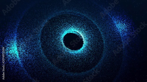 Glowing blue particles form concentric rings around a dark central void, creating a mesmerizing cosmic scene