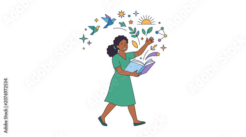 Woman Reading Book, Imagination, Dreams, Flying Birds, Stars, Sun, Creativity