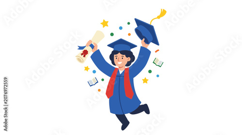 Happy Graduate Jumping with Diploma and Graduation Cap, Celebrating Achievement