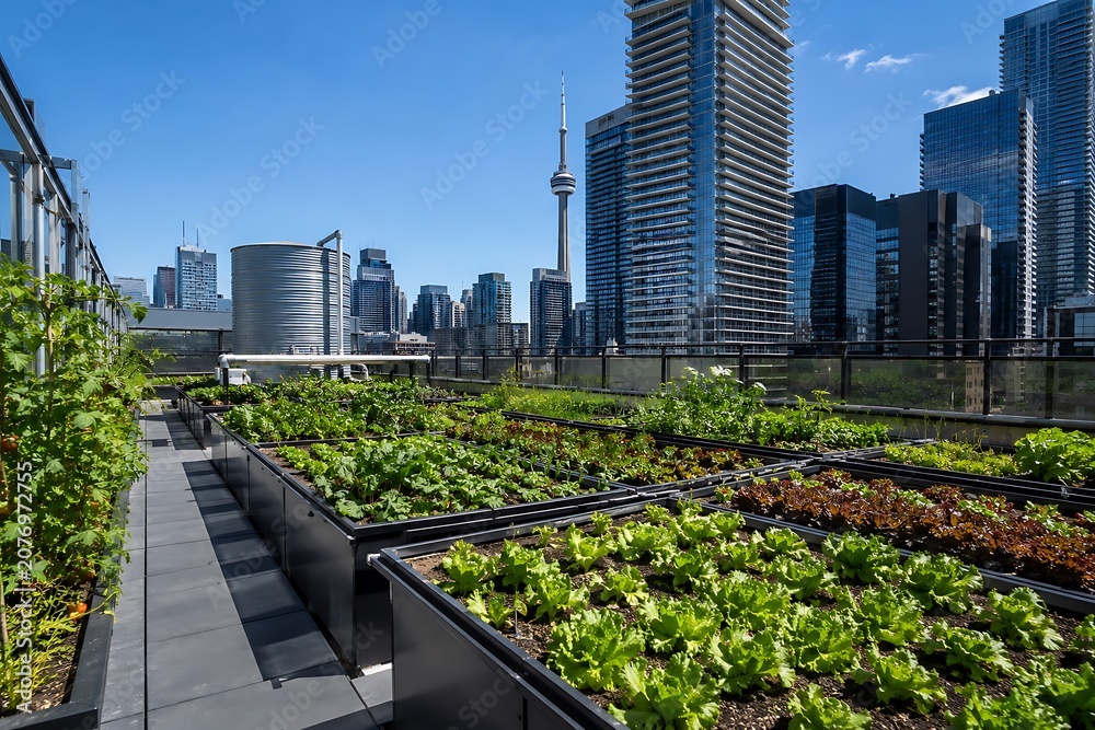 Fototapeta premium Urban Rooftop Farm with Modern City Skyline