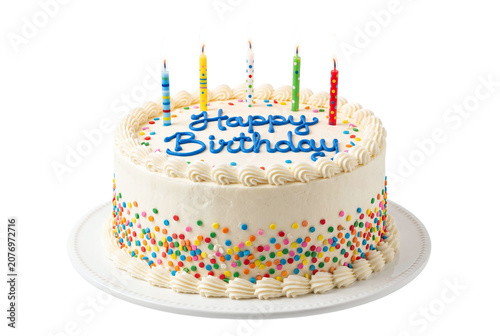 Foto White frosted birthday cake with colorful sprinkles and five candles