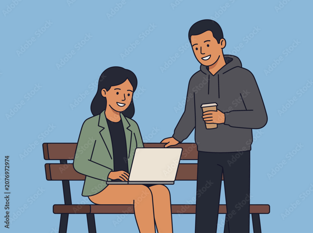 Fototapeta premium Flat 2D vector illustration Two individuals collaborating on a laptop while sitting on a bench, discussing work