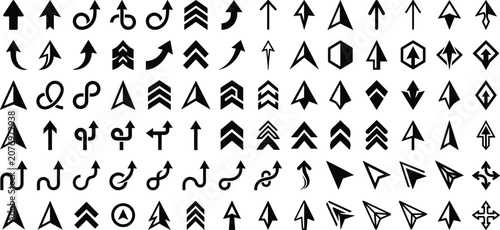 Black Arrow Vector Icons Set With Diverse Pointer Graphic Shapes