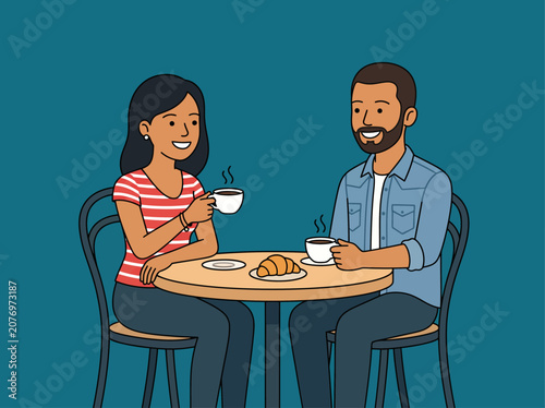 Flat 2D vector illustration of a diverse couple enjoying a coffee break at a cafe table with coffee and a croissant