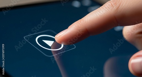 Close-up of a finger pressing a play button icon on a digital screen, initiating media playback