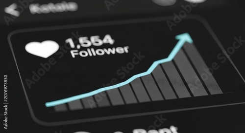 Close-up of a digital interface displaying a sharp upward trend in follower count and financial graph, showcasing digital analytics and business growth.