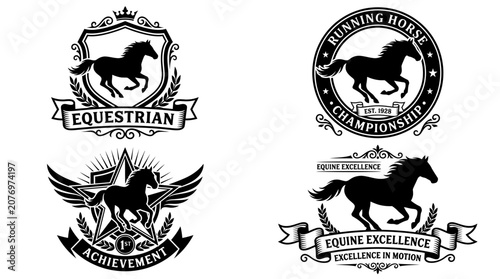 Set of four vintage equestrian horse emblem logos.