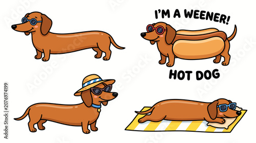 Set of funny cartoon dachshund dogs on summer vacation.