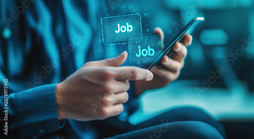 Professional man using smartphone for online job search on employment portal website with career opportunity alert speech bubble icon concept