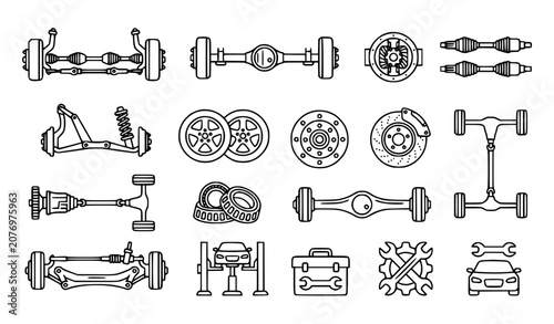 Bild auf Leinwand Automotive Axle Assembly with Wheels Outline Vector EPS10