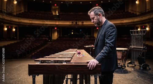 A candid, contemplative photograph of a professional percussionist standing alone on a silent, grand stage after a rehearsal,