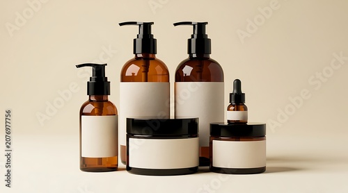 Amber glass bottles and jars with blank labels for skincare products.