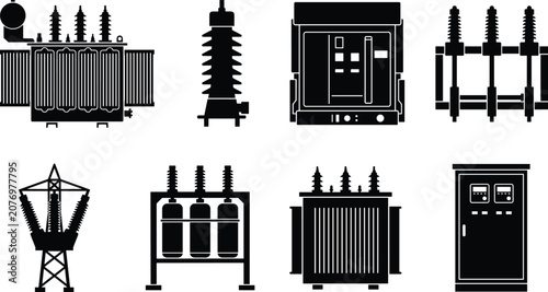 Silhouette icons of electrical substation equipment for power distribution illustration