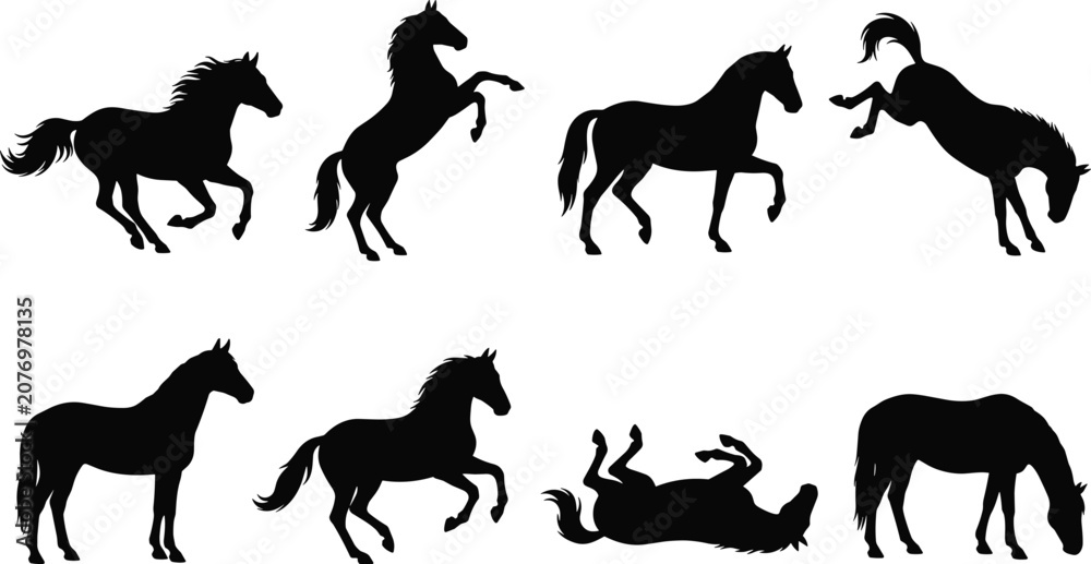 Obraz premium Silhouette icons of horses in dynamic and relaxed poses for animal illustration