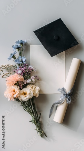 Minimalist graduation flatlay with graduation cap, rolled diploma with ribbon, elegant flower bouquet and blank space, clean modern layout