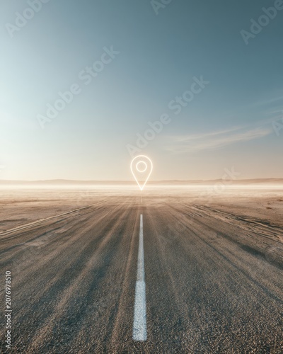 Desert highway with location pin symbol