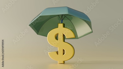 Fotografija A 3D rendering of umbrella is opened directly over the top of the currency symbol, shielding it from above, symbolizes health insurance, medical coverage, or financial catastrophic medical bills
