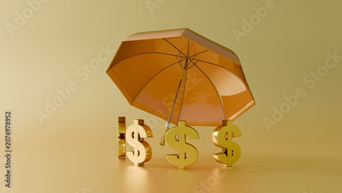 Bilde på lerret A 3D rendering of umbrella is opened directly over the top of the currency symbol, shielding it from above, symbolizes health insurance, medical coverage, or financial catastrophic medical bills