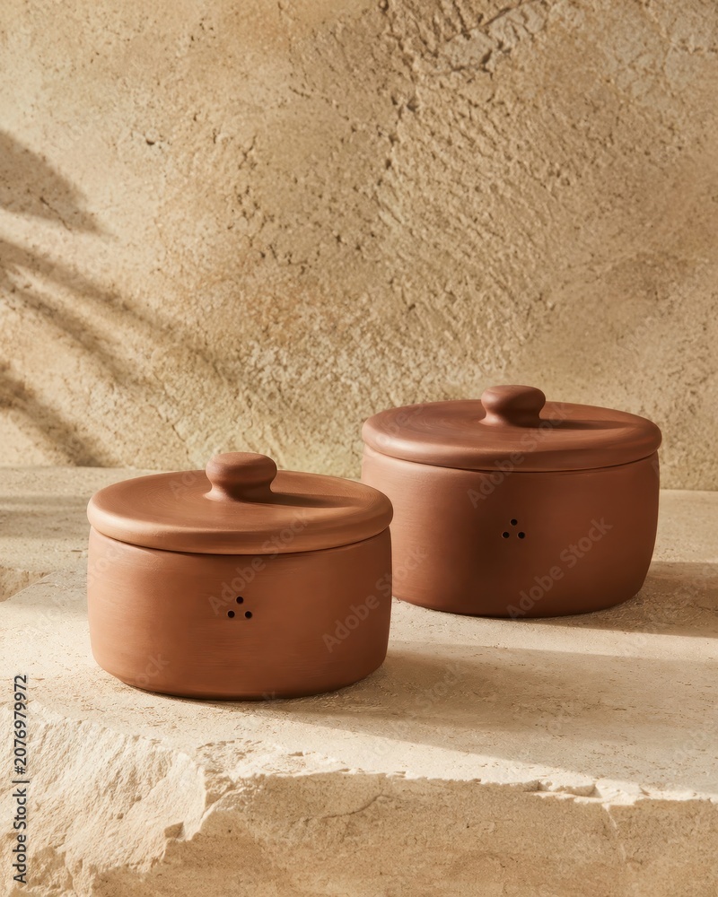 Naklejka premium Warm Terracotta Jars In Soft Light in soft light with refined texture and premium minimalist still life composition