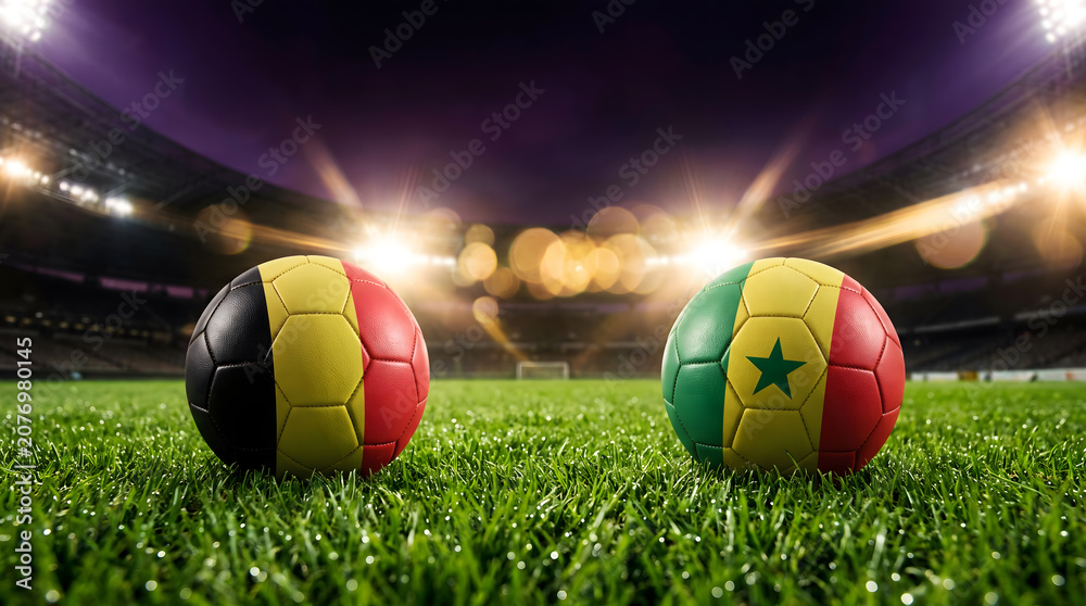 Fototapeta premium Belgium vs Senegal soccer match balls on stadium grass