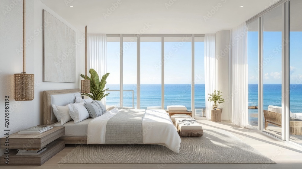 Fototapeta premium Coastal master suite, floor-to-ceiling windows, linen fabrics, ocean horizon generative ai