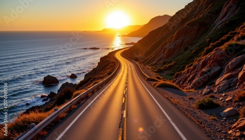 A quiet coastal highway following dramatic ocean cliffs during golden hour