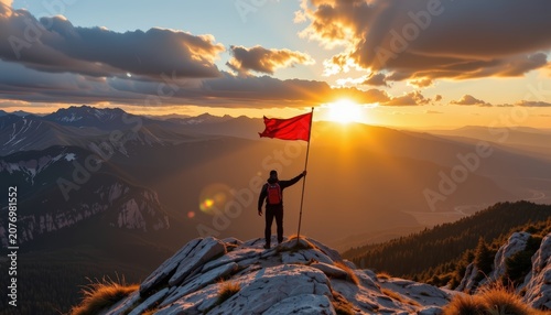 A solitary flagpole silhouette standing on the highest mountain peak beneath a breathtaking sunrise
